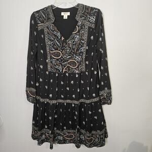 Style & Co Boho Tiered Dress Long Sleeve Black Paisley Print V-neck Size S